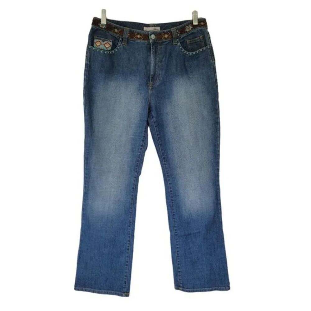Chicos Platinum Bootcut Jeans Womens Size 8 Blue Aztec Embellished Beaded Accent